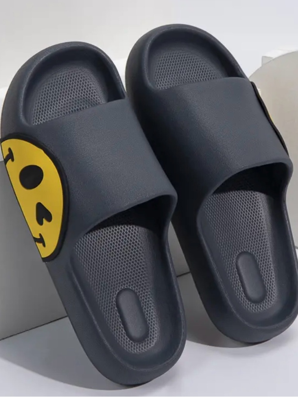New Navy Slide Sandals with Yellow Smiley Accent